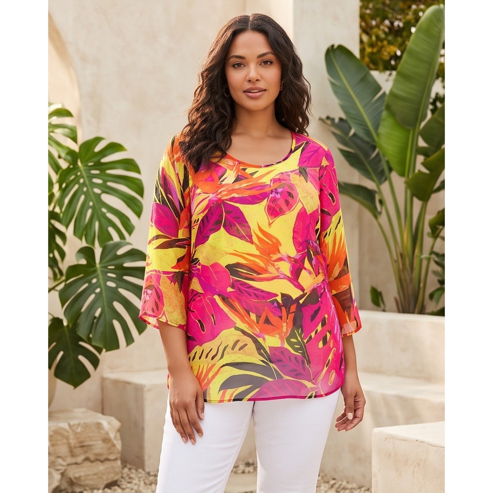Peck & Peck Womens Large Birds of Paradise Sheer Tropical Tunic Top Pink Yellow